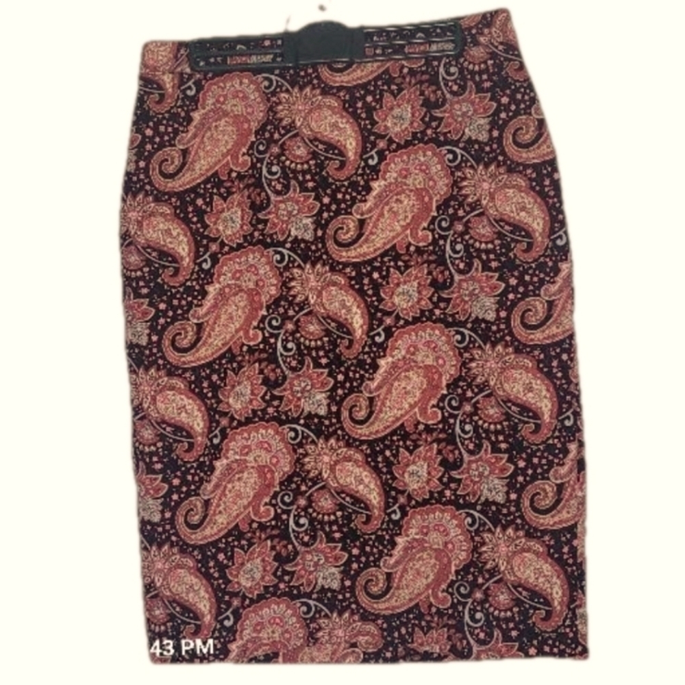 TALBOTS, Black, pink, & burnt orange paisley, mid-length pencil skirt. Sz.10
